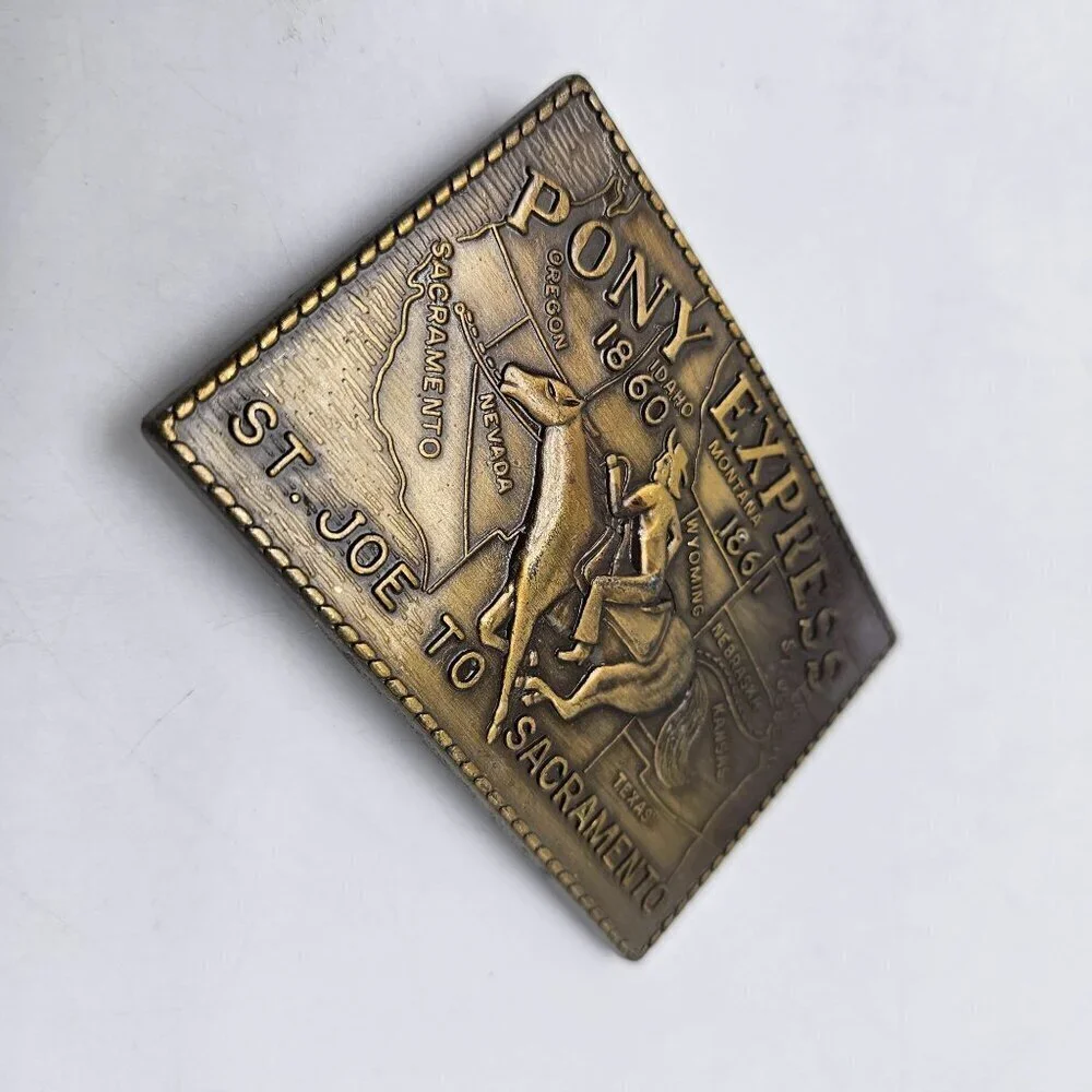 Vintage Pony Express St. Joe To Sacramento Belt Buckle 1860-1861 Antiqued Brass